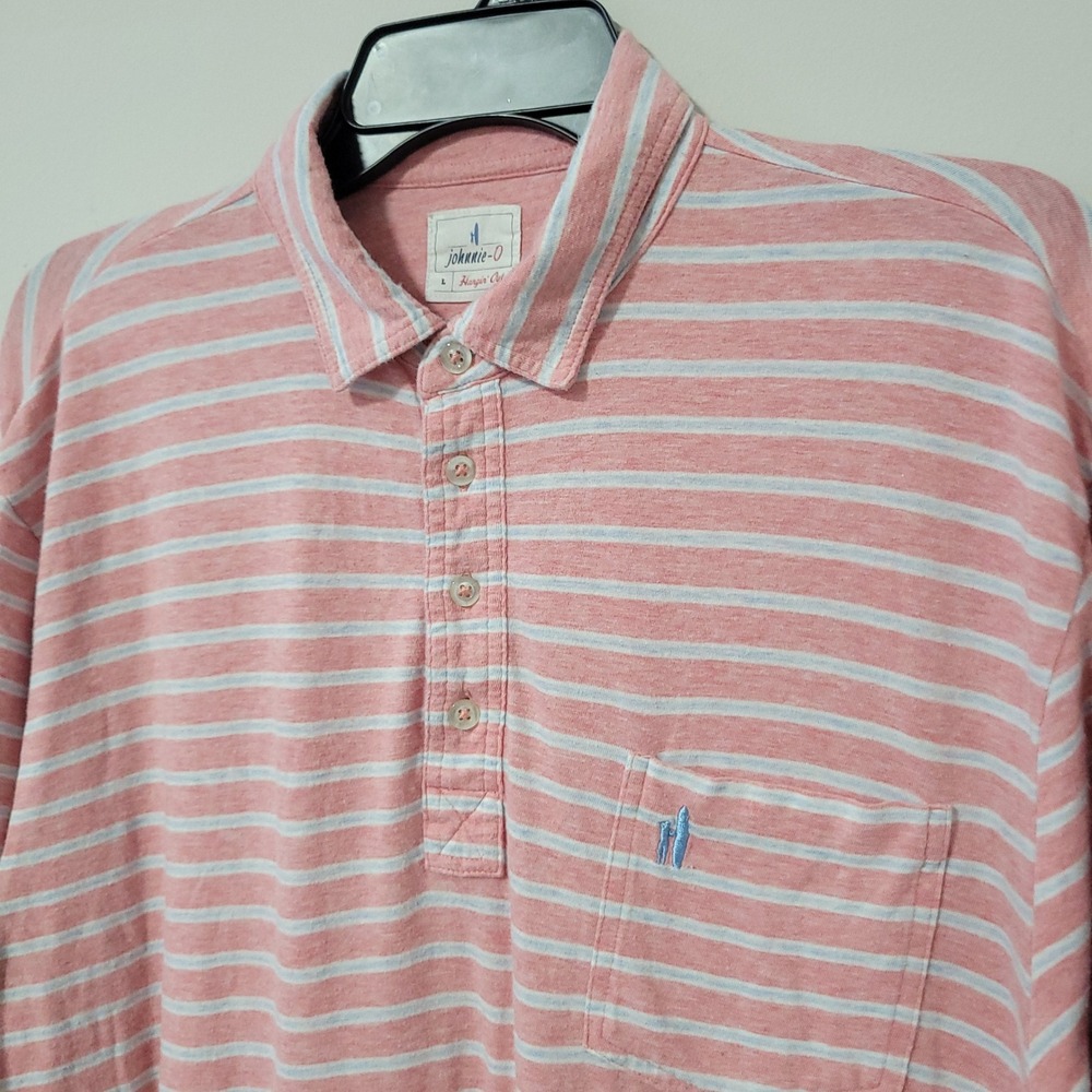 Johnnie-O Hangin' Out Polo Shirt Mens L Pink Stripe Pocket Stretch Casual Golf